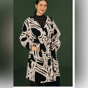 Farm Rio Wild Hearts Fleece Coat XS Black White Wool Blend Long Cardigan Sweater